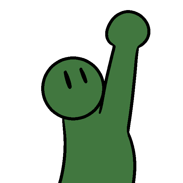 A green person raising their hand high and looking up at it.